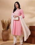 Embroidered Viscose Rayon Kurta Set with Lace Palazzo & Dupatta