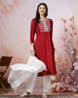 Viscose Rayon A-Line Kurta Set with Embroidery & Laced Dupatta