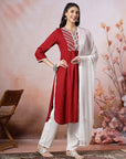 Viscose Rayon A-Line Kurta Set with Embroidery & Laced Dupatta