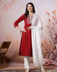Viscose Rayon A-Line Kurta Set with Embroidery & Laced Dupatta