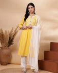 Embroidered Viscose Rayon Kurta Set with Lace Palazzo & Dupatta