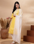 Embroidered Viscose Rayon Kurta Set with Lace Palazzo & Dupatta