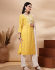 Embroidered Viscose Rayon Kurta Set with Lace Palazzo & Dupatta