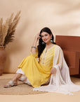Embroidered Viscose Rayon Kurta Set with Lace Palazzo & Dupatta