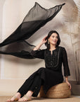 Schiffli Cotton Kurta Set with Sequin Embroidery, Palazzo & Lace Dupatta