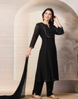 Schiffli Cotton Kurta Set with Sequin Embroidery, Palazzo & Lace Dupatta