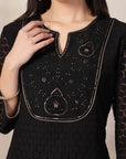 Schiffli Cotton Kurta Set with Sequin Embroidery, Palazzo & Lace Dupatta