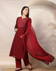 Schiffli Cotton Kurta Set with Sequin Embroidery, Palazzo & Lace Dupatta