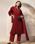 Schiffli Cotton Kurta Set with Sequin Embroidery, Palazzo & Lace Dupatta