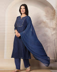 Schiffli Cotton Kurta Set with Sequin Embroidery, Palazzo & Lace Dupatta