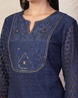 Schiffli Cotton Kurta Set with Sequin Embroidery, Palazzo & Lace Dupatta
