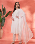 Schiffli Cotton Kurta Set with Sequin Embroidery, Palazzo & Lace Dupatta