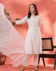 Schiffli Cotton Kurta Set with Sequin Embroidery, Palazzo & Lace Dupatta