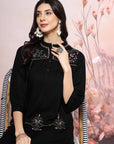 Solid A-Line Viscose Tunic Set with Thread Embroidery & Embroidered Palazzo