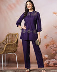 Thread Embroidered Viscose Tunic with Band Cuffs & Palazzo Set