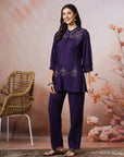 Thread Embroidered Viscose Tunic with Band Cuffs & Palazzo Set