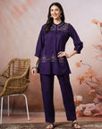 Thread Embroidered Viscose Tunic with Band Cuffs & Palazzo Set
