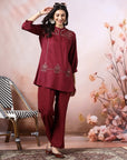 Solid A-Line Viscose Tunic Set with Thread Embroidery & Embroidered Palazzo