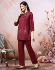 Solid A-Line Viscose Tunic Set with Thread Embroidery & Embroidered Palazzo