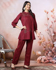 Solid A-Line Viscose Tunic Set with Thread Embroidery & Embroidered Palazzo