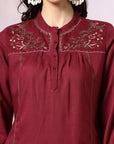 Solid A-Line Viscose Tunic Set with Thread Embroidery & Embroidered Palazzo