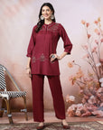 Solid A-Line Viscose Tunic Set with Thread Embroidery & Embroidered Palazzo