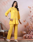 Solid A-Line Viscose Tunic Set with Thread Embroidery & Embroidered Palazzo