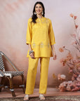 Solid A-Line Viscose Tunic Set with Thread Embroidery & Embroidered Palazzo