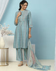 Tribal Printed Straight Kurta Set with Lace Detailing & Chiffon Dupatta