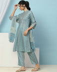 Tribal Printed Straight Kurta Set with Lace Detailing & Chiffon Dupatta