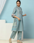 Tribal Printed Straight Kurta Set with Lace Detailing & Chiffon Dupatta