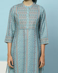 Tribal Printed Straight Kurta Set with Lace Detailing & Chiffon Dupatta