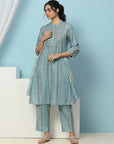 Tribal Printed Straight Kurta Set with Lace Detailing & Chiffon Dupatta