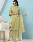 Tribal Printed Straight Kurta Set with Lace Detailing & Chiffon Dupatta