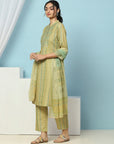Tribal Printed Straight Kurta Set with Lace Detailing & Chiffon Dupatta