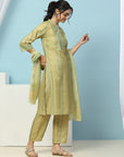 Tribal Printed Straight Kurta Set with Lace Detailing & Chiffon Dupatta