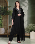 Zari Embroidered Viscose Rayon Kurta Set with Palazzo & Lace Dupatta