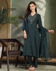 Solid Viscose Rayon A-Line Kurta Set with Zari Embroidery and Laced Dupatta