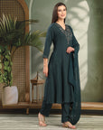 Solid Viscose Rayon A-Line Kurta Set with Zari Embroidery and Laced Dupatta
