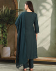 Solid Viscose Rayon A-Line Kurta Set with Zari Embroidery and Laced Dupatta
