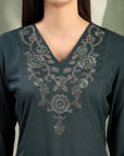 Solid Viscose Rayon A-Line Kurta Set with Zari Embroidery and Laced Dupatta