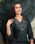 Solid Viscose Rayon A-Line Kurta Set with Zari Embroidery and Laced Dupatta