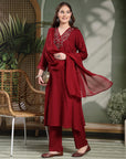 Zari Embroidered Viscose Rayon Kurta Set with Palazzo & Lace Dupatta