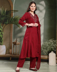 Zari Embroidered Viscose Rayon Kurta Set with Palazzo & Lace Dupatta