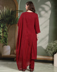 Zari Embroidered Viscose Rayon Kurta Set with Palazzo & Lace Dupatta
