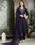 Zari Embroidered Viscose Rayon Kurta Set with Palazzo & Lace Dupatta
