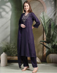 Zari Embroidered Viscose Rayon Kurta Set with Palazzo & Lace Dupatta