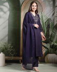 Zari Embroidered Viscose Rayon Kurta Set with Palazzo & Lace Dupatta