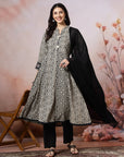 Floral Rayon Kurta Set with Crochet Detail, Embroidered Sleeves & Lace Dupatta