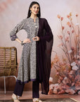 Floral Rayon Kurta Set with Crochet Detail, Embroidered Sleeves & Lace Dupatta